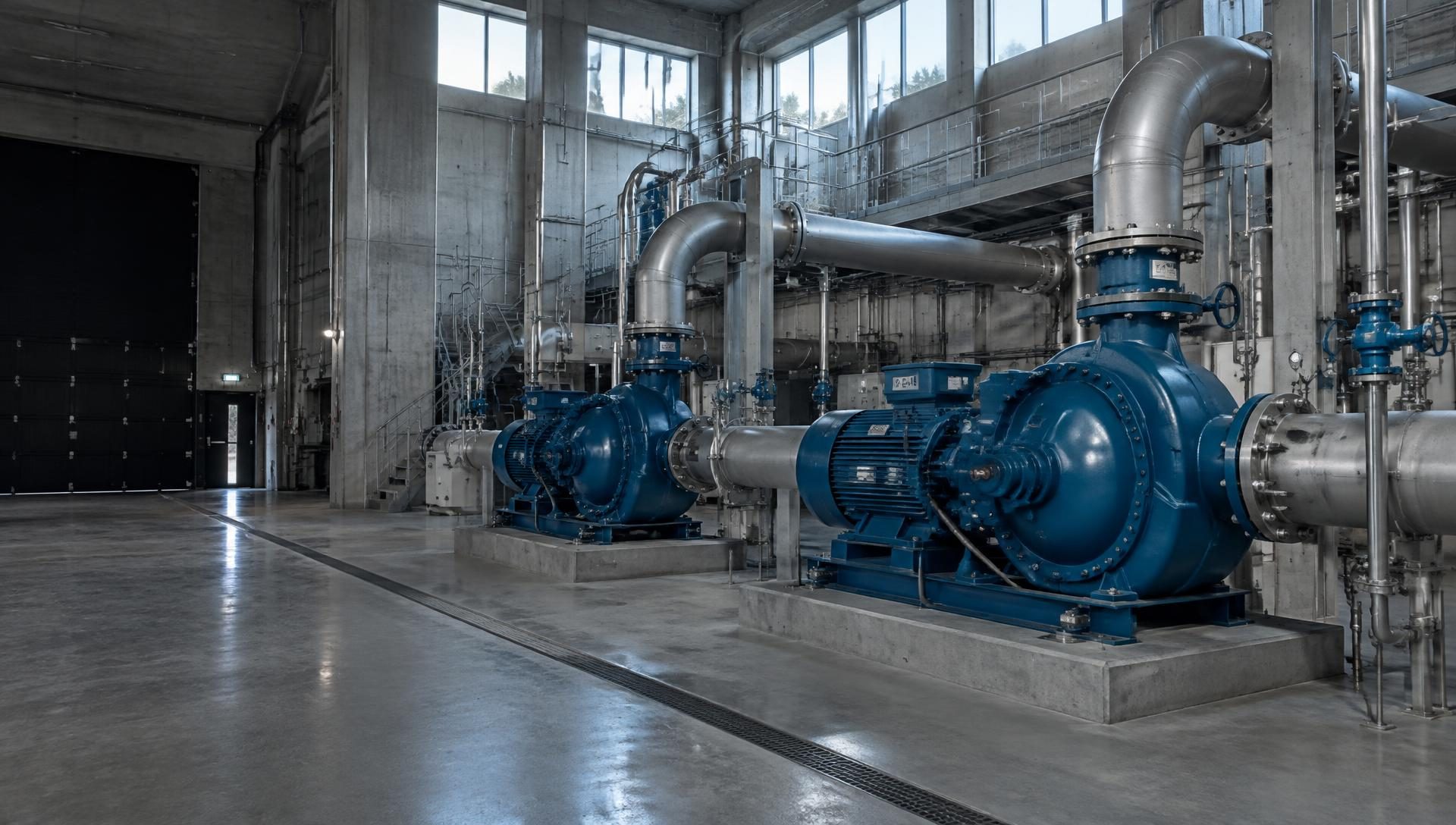 Pumpstation med två stora blå centrifugalpumpar och rostfria rörledningar